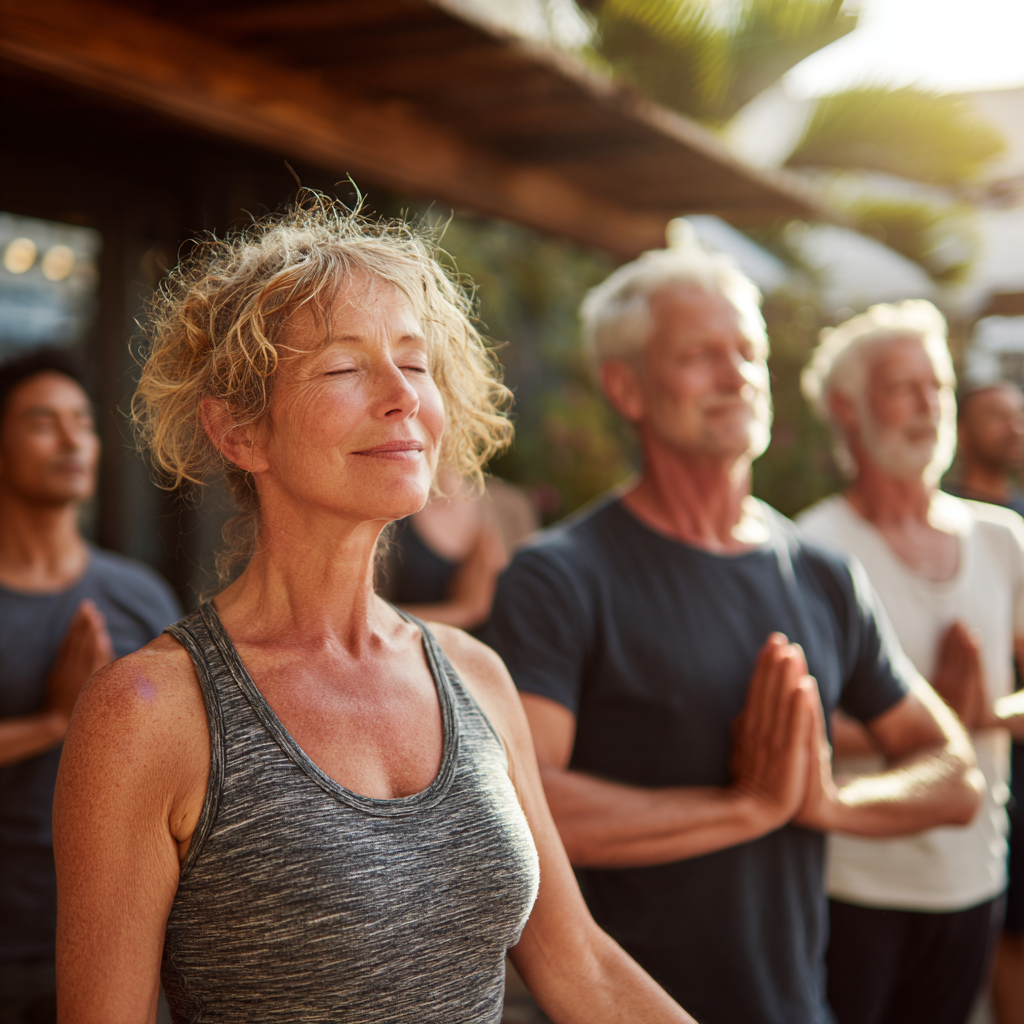 group of middle-aged adults practicing yoga together in peaceful community setting